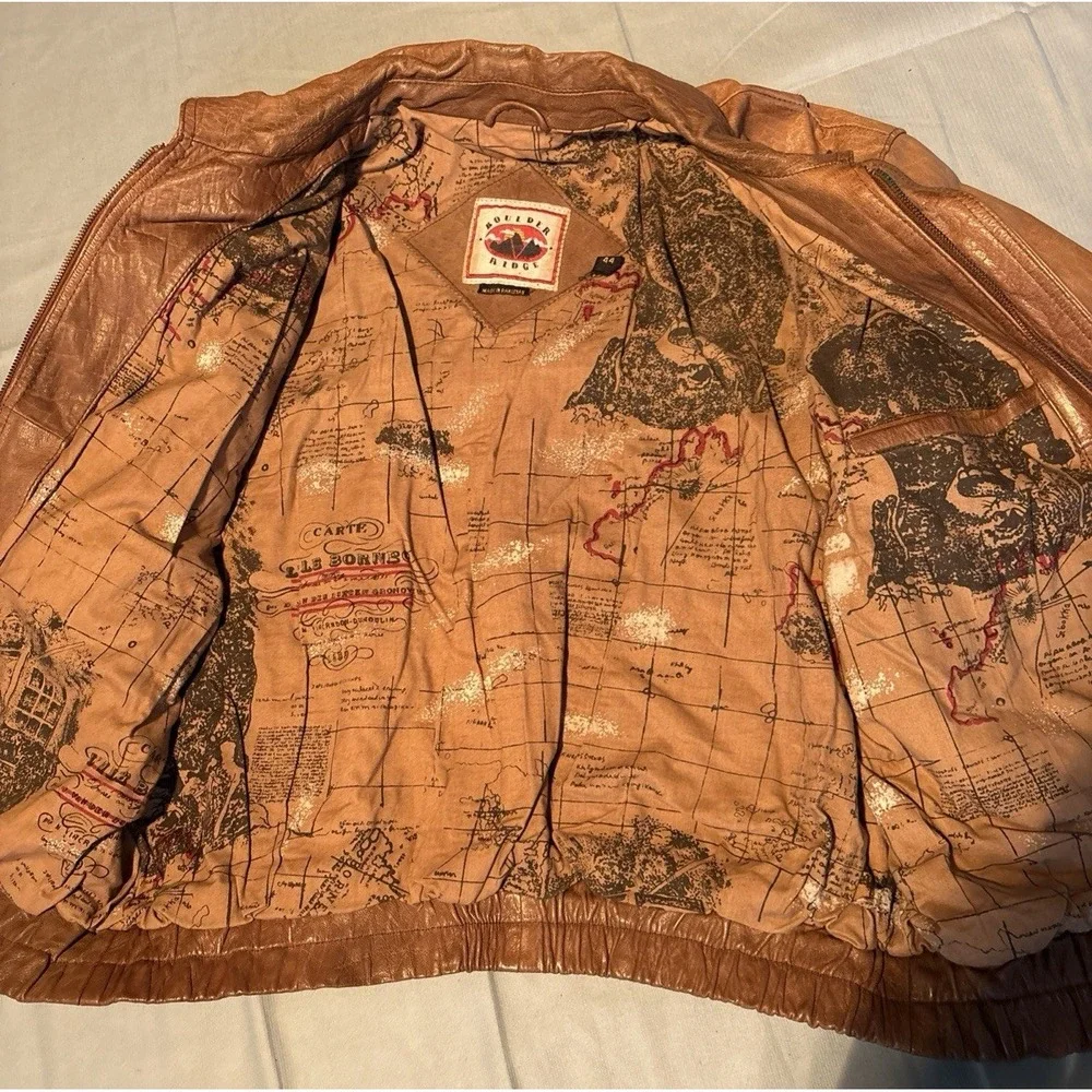 Boulder Ridge Mens Brown Leather Flight Bomber Jacket Map Lining Size 44 Vintage
